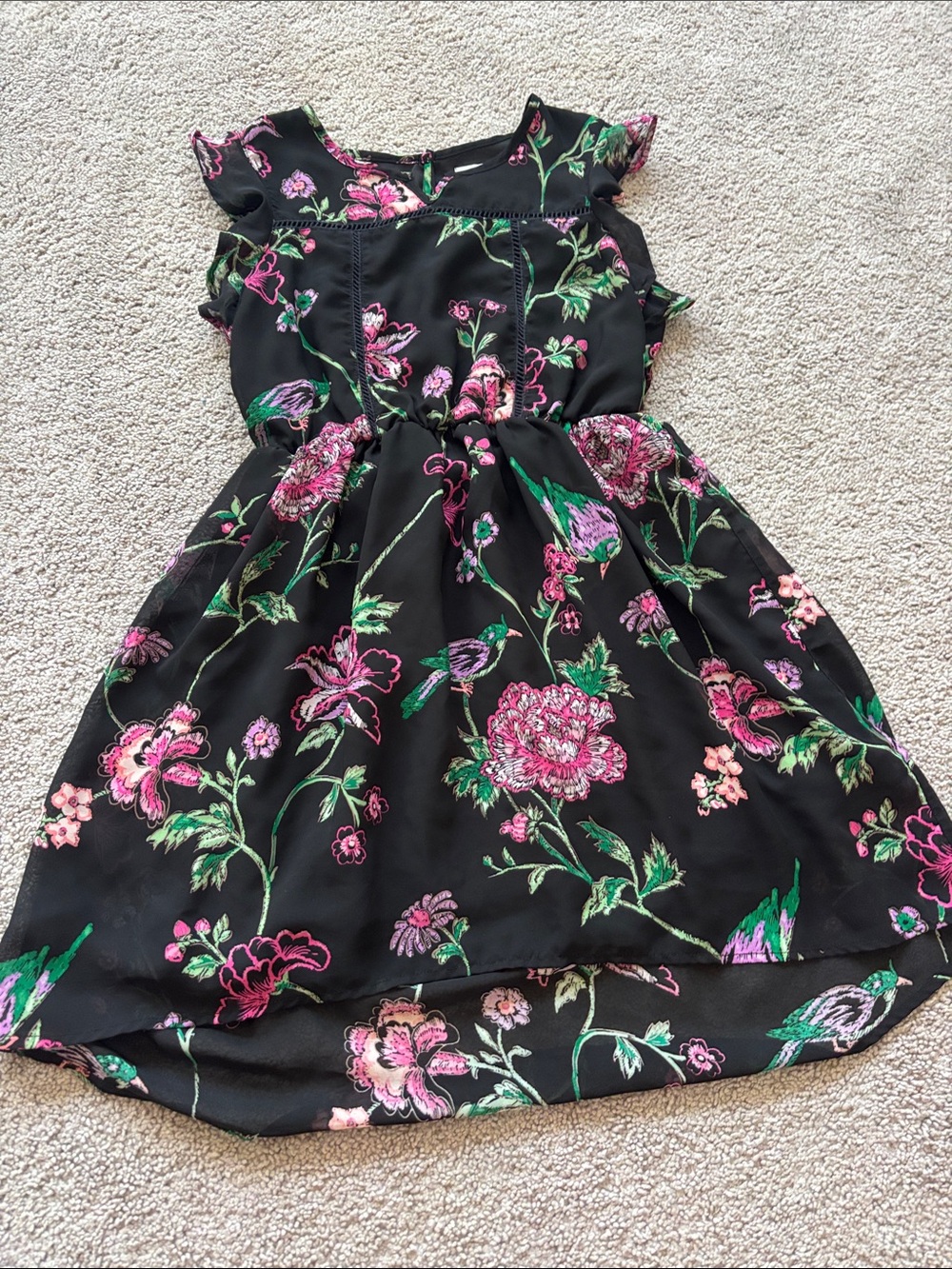 Place Black Floral Dress with Pink and Green Accents